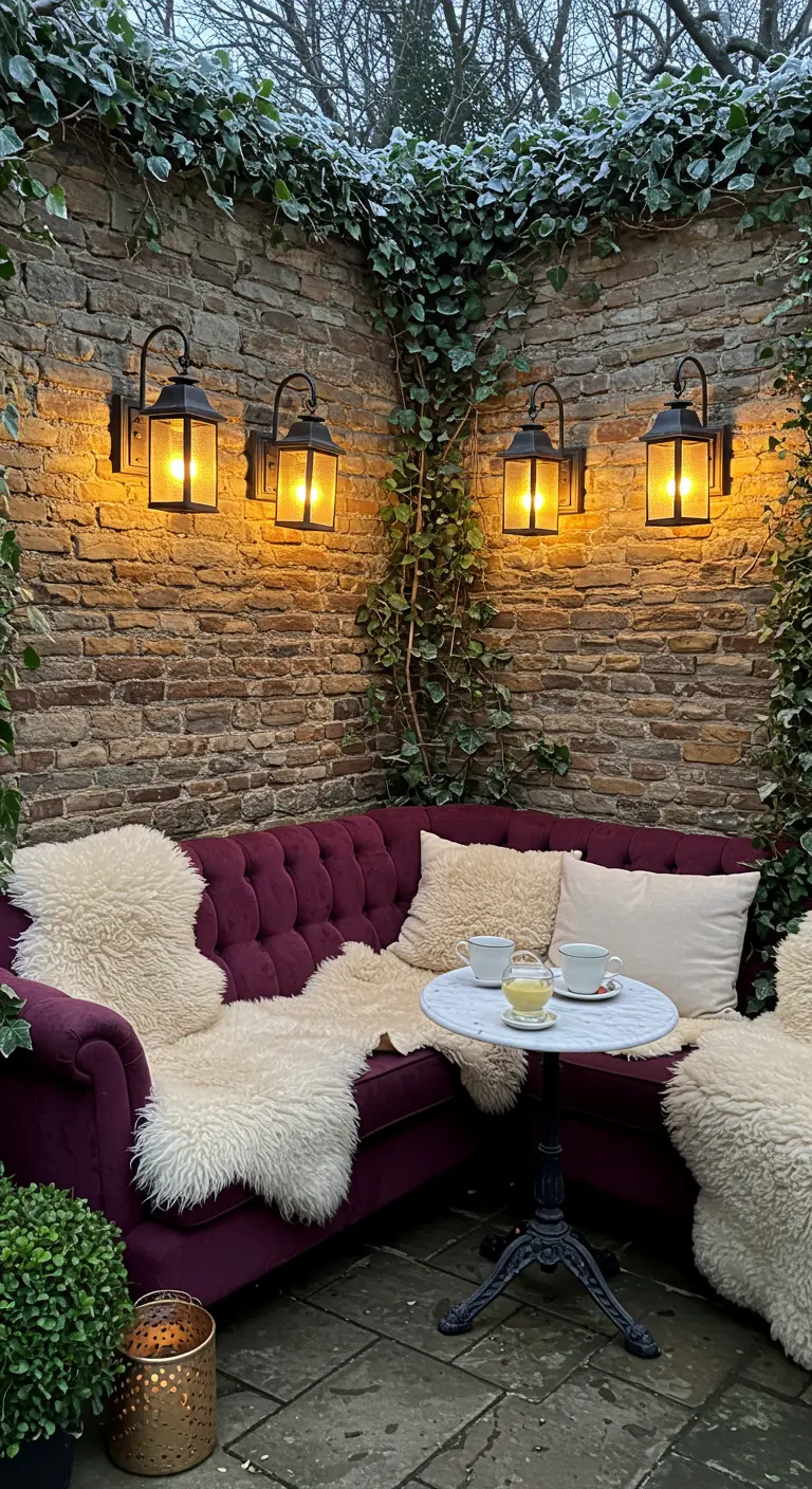 Coin salon extérieur avec mur de pierre, canapé velours et lanternes murales.