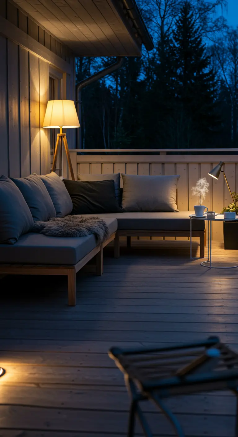 Terrasse couverte avec canapé d'extérieur, lampadaires et lumière tamisée.