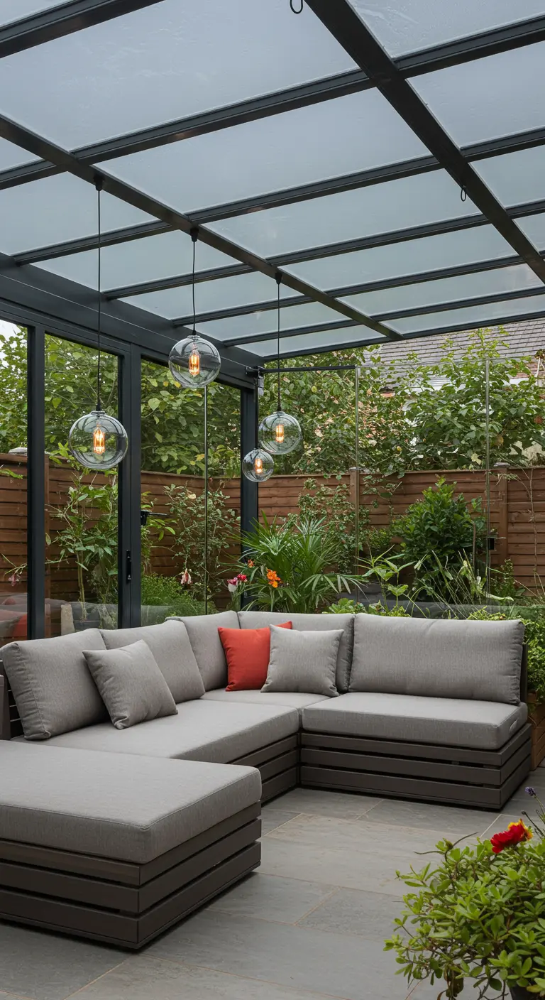 Salon de jardin couvert d'une verrière, avec des suspensions lumineuses modernes.