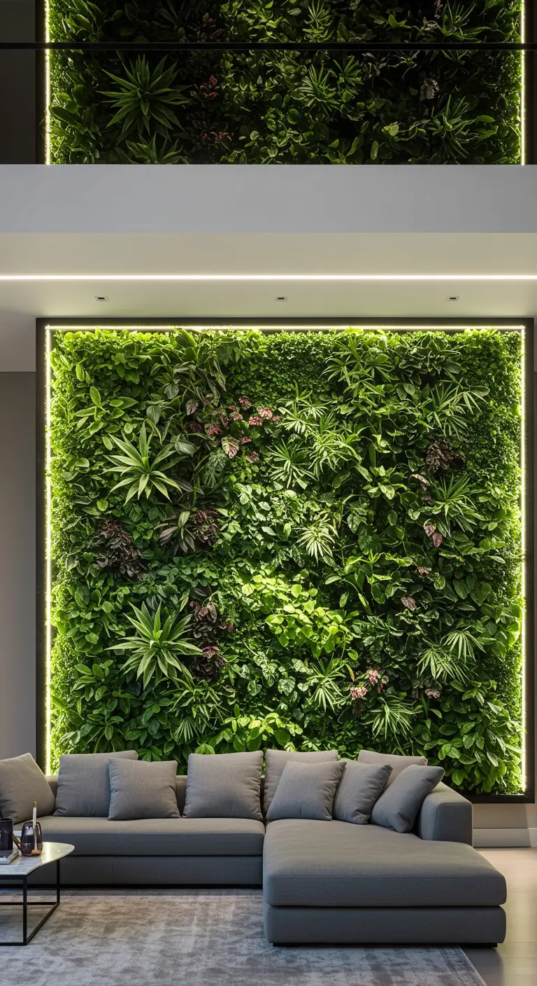 Grand mur végétal intérieur avec éclairage LED, canapé d'angle moderne dans un salon.