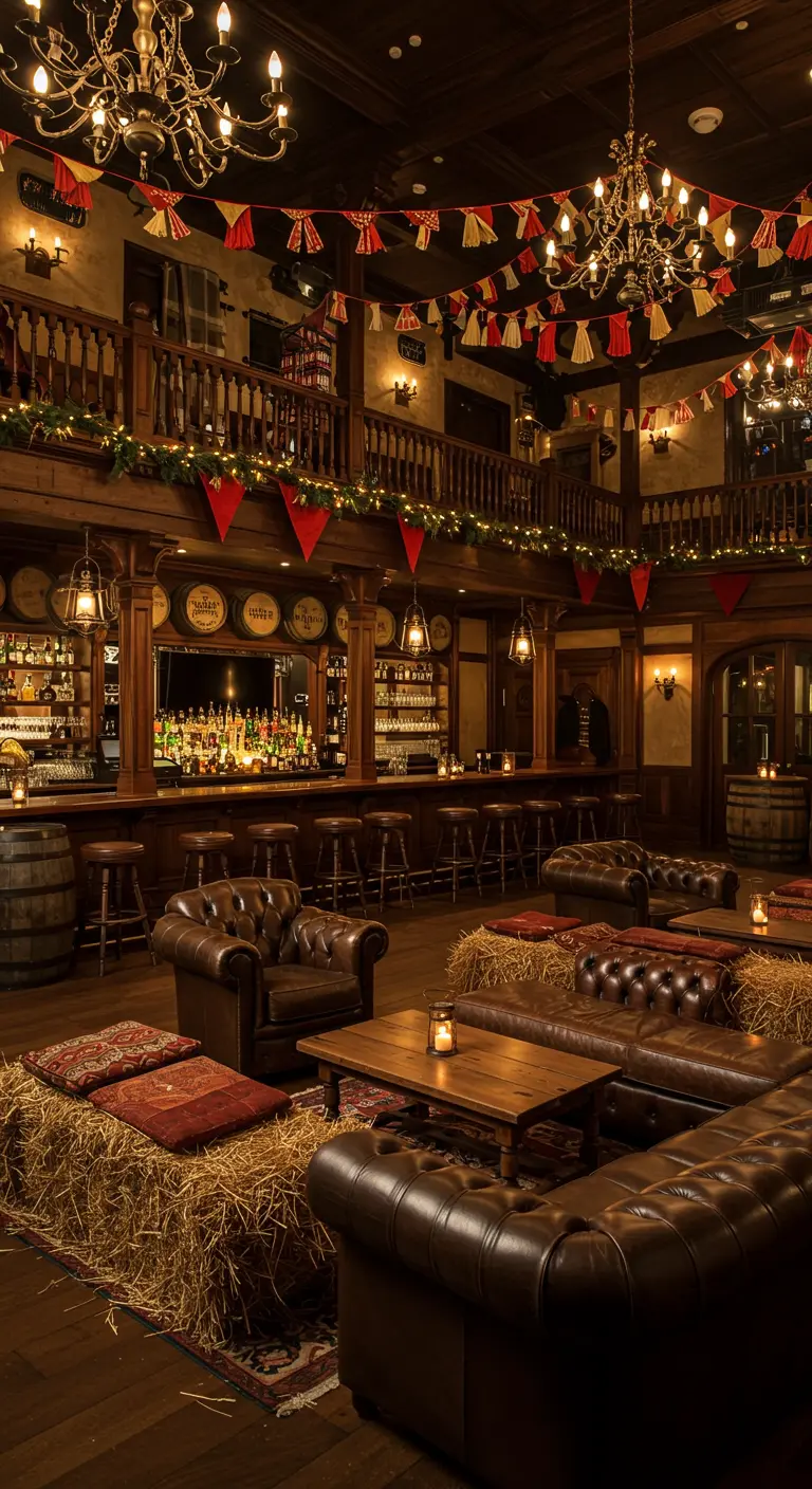 Intérieur de bar saloon avec canapés en cuir, bottes de foin, tonneaux, chandeliers et guirlandes.