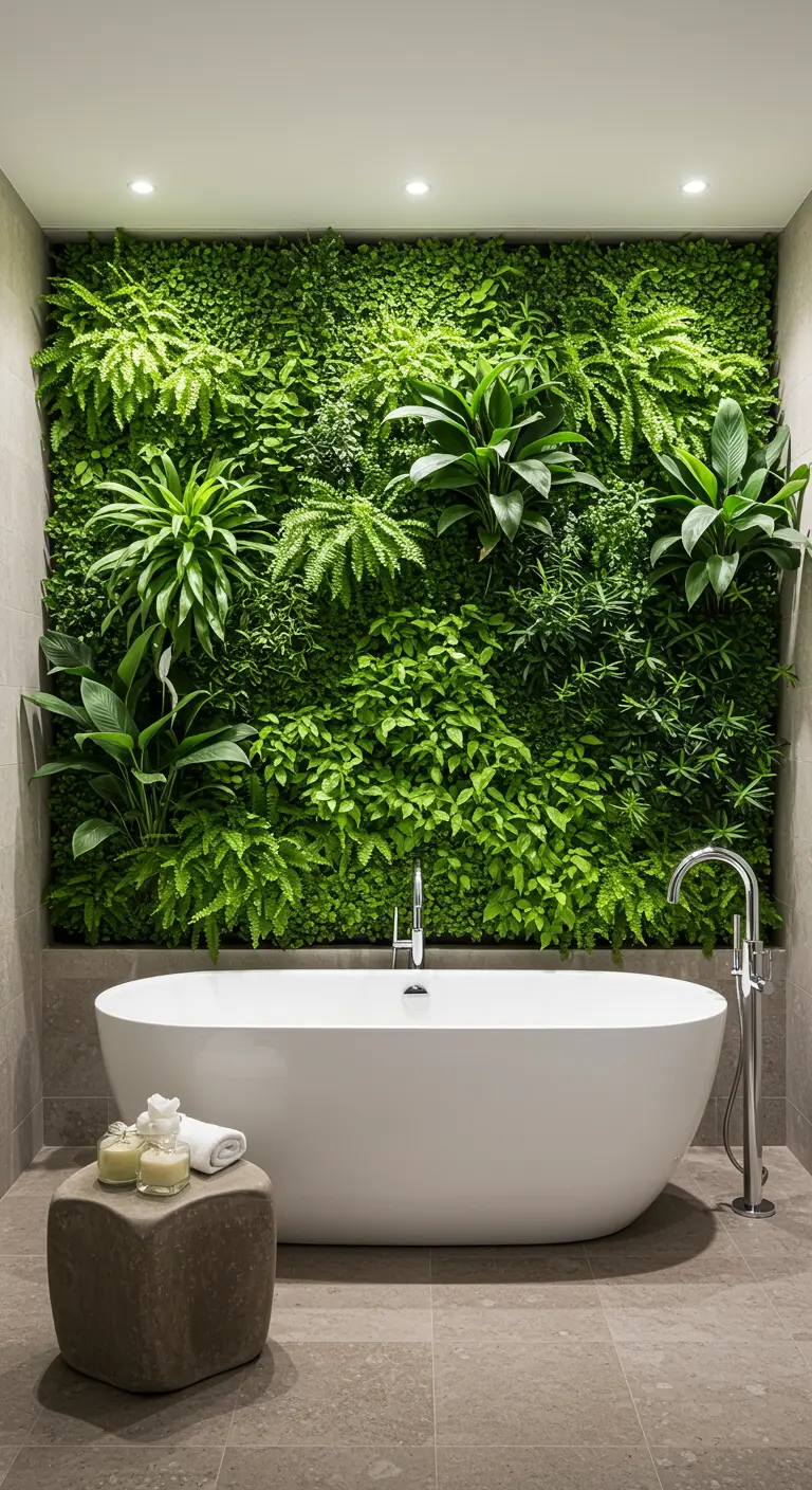 Mur végétal luxuriant dans une salle de bain moderne, derrière une baignoire ovale blanche.