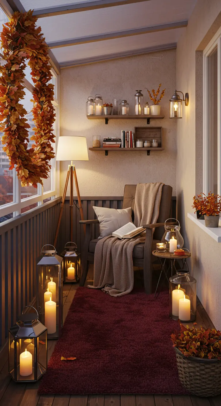 Balcon fermé avec fauteuil, étagères murales, lanternes, plaid et lampe sur pied.