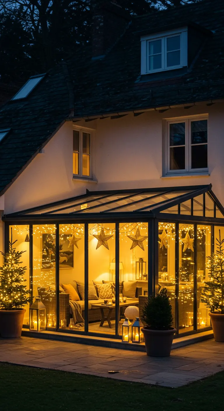 Véranda ou jardin d'hiver entièrement illuminé de guirlandes lumineuses, d'étoiles suspendues et de petits sapins de Noël.