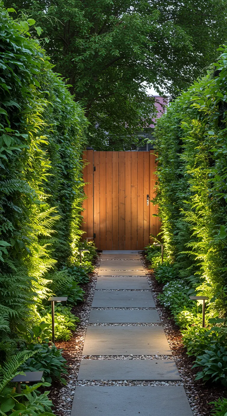 Allée de jardin bordée de haies denses, éclairée par des bornes lumineuses, menant à une porte en bois.
