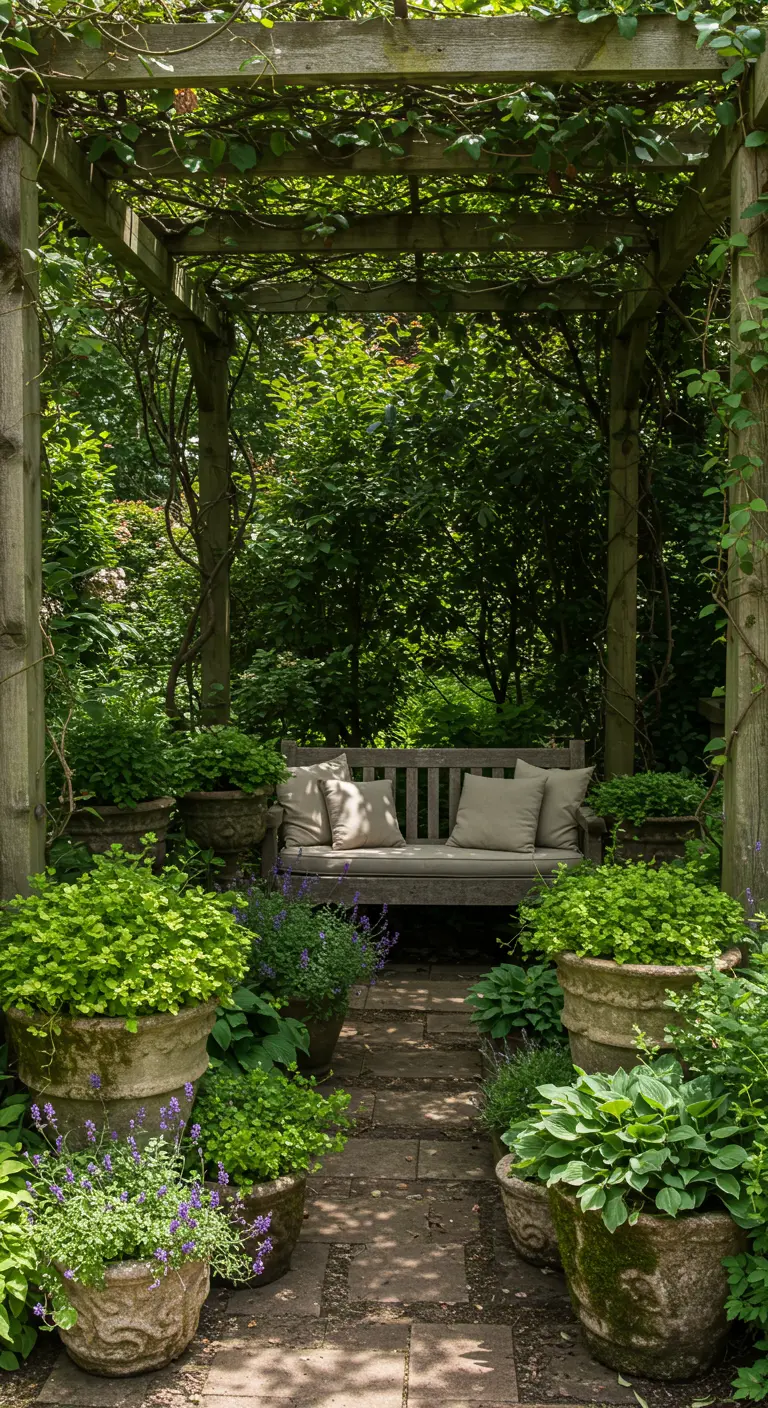 Pergola en bois ombragée avec un banc, entourée de pots en terre cuite et de verdure.