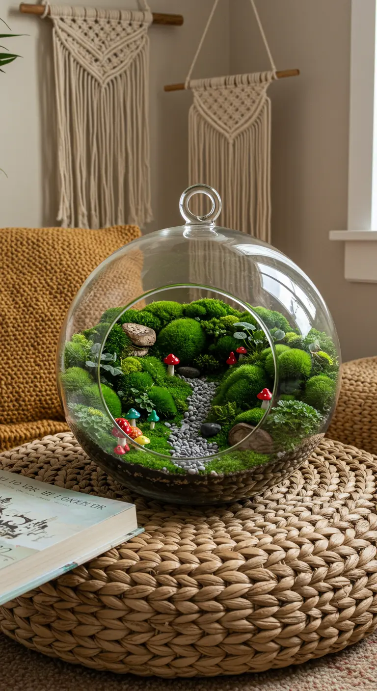 Terrarium sphérique avec un chemin de graviers, de la mousse verte et des champignons miniatures colorés.