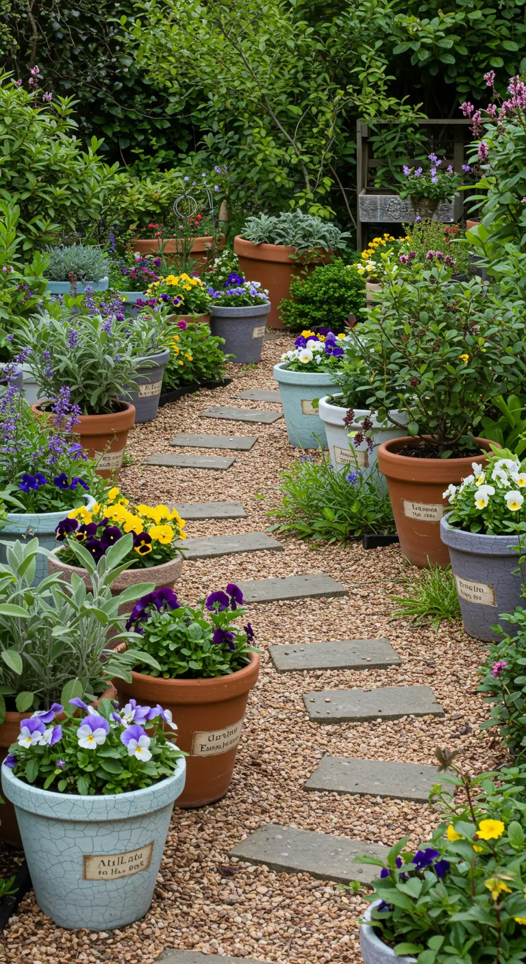 Chemin de gravier bordé de pots de pensées colorées et de sauge.