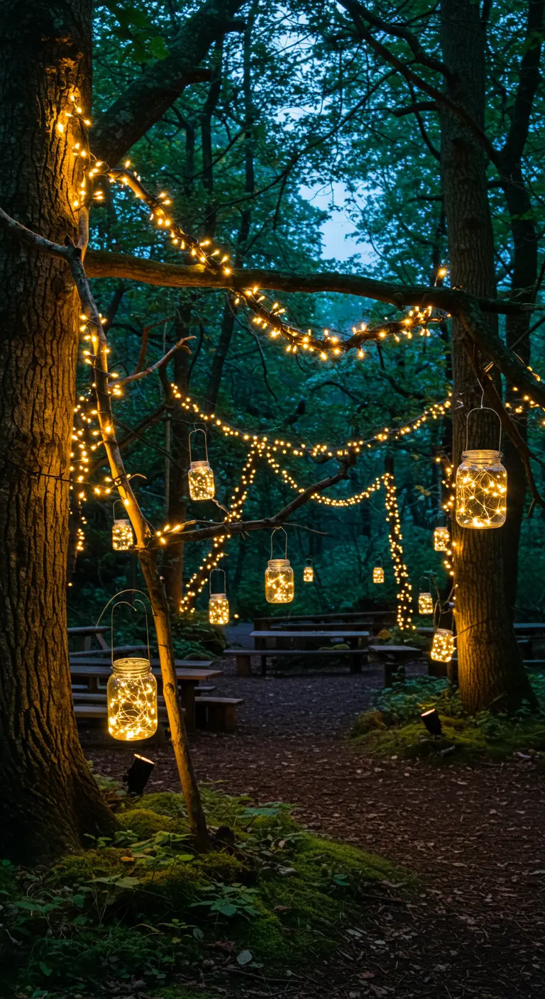 Forêt illuminée de guirlandes et bocaux lumineux suspendus, créant une ambiance magique.