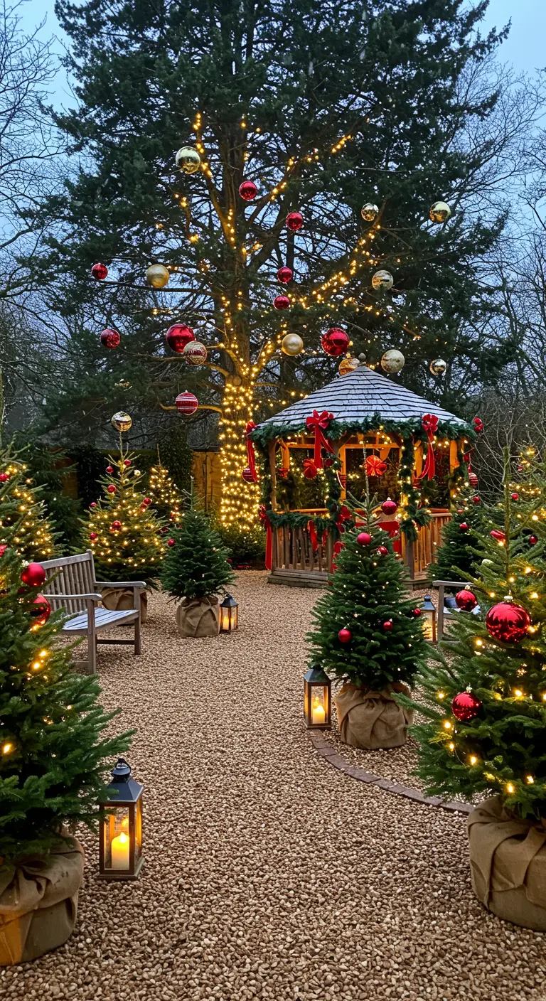 Allée de jardin décorée pour Noël avec lanternes, sapins en pot et arbre illuminé d'or et de rouge.