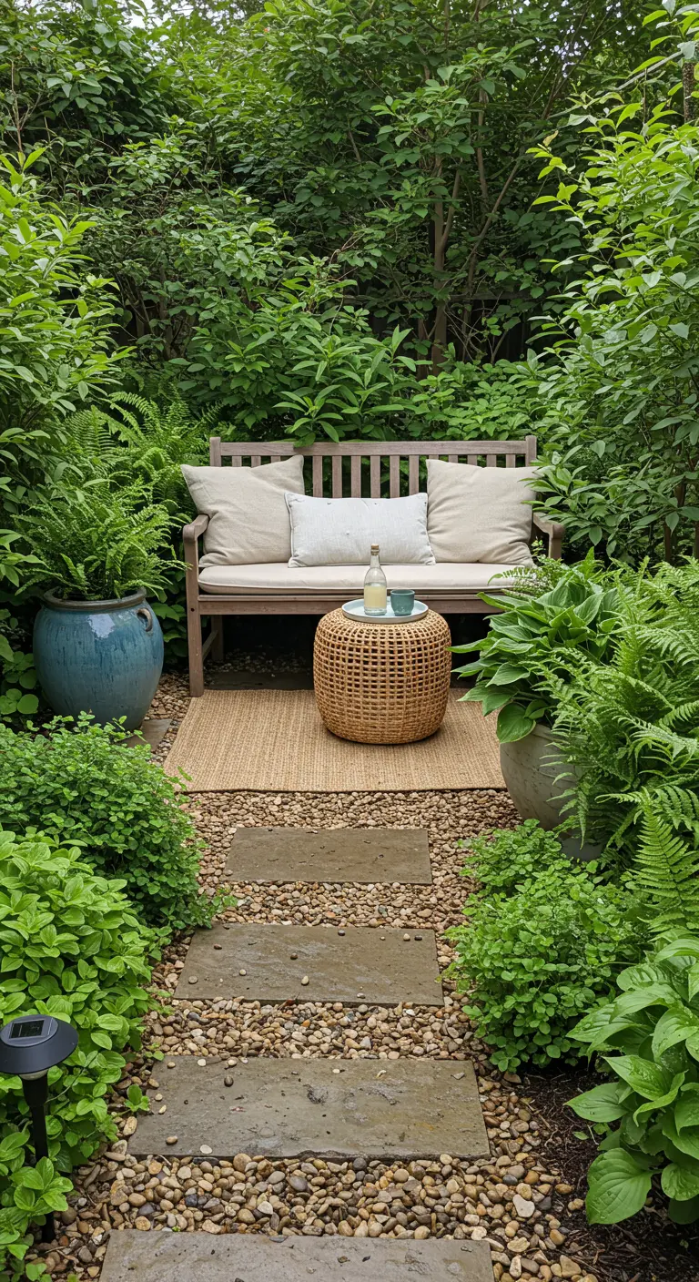Coin jardin secret avec banc en bois, grand pot bleu, plantes luxuriantes et chemin de galets.