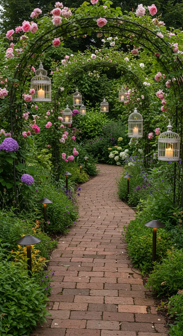 Sentier de jardin romantique sous une arche de roses, avec des cages à oiseaux blanches suspendues et lumineuses.