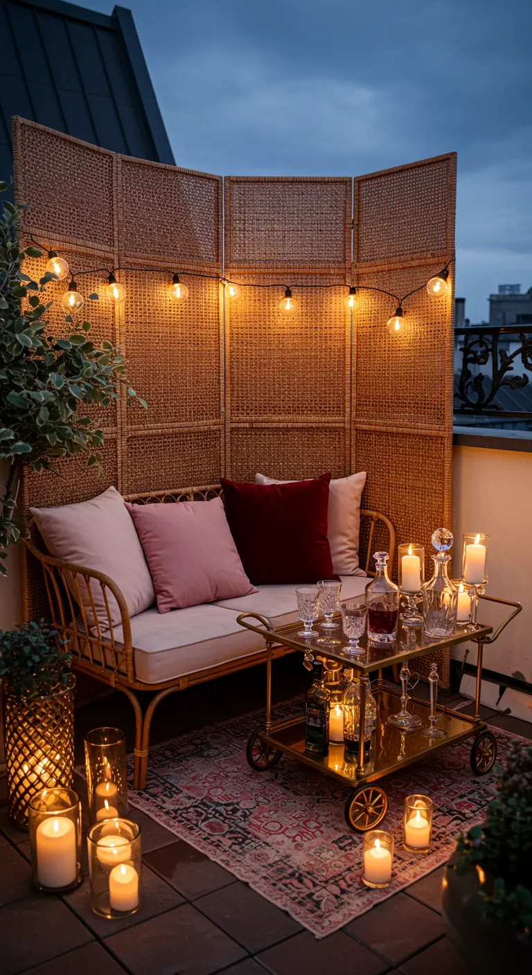 Balcon élégant la nuit avec un canapé, un paravent en rotin, un chariot bar doré et de nombreuses bougies.