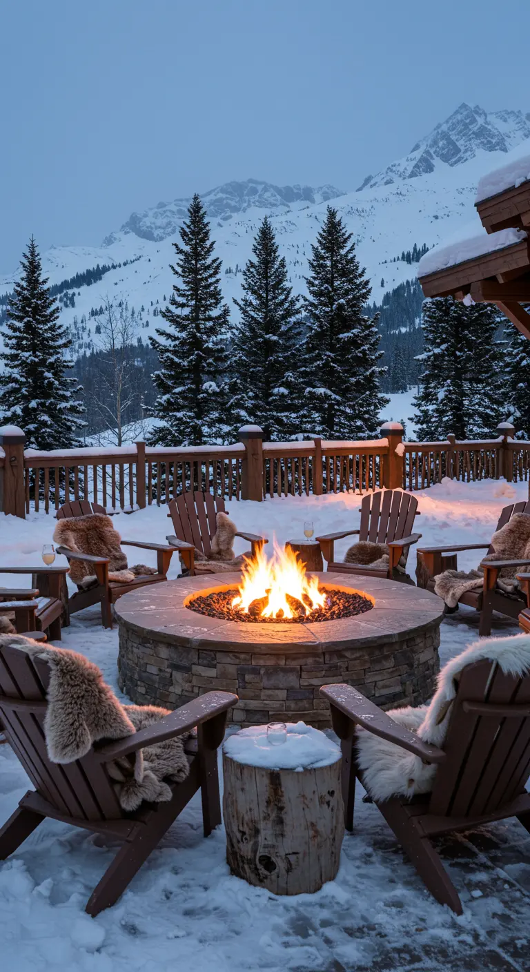 Terrasse enneigée avec brasero en pierre, chaises Adirondack en fourrure, guirlandes et vue sur les montagnes.