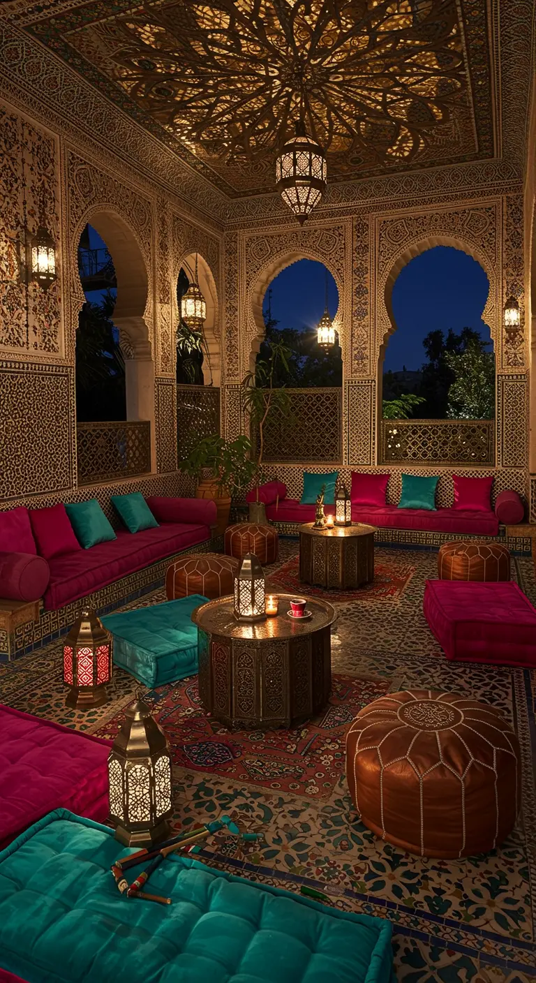 Salon marocain opulent avec coussins fuchsia et turquoise, poufs en cuir, tables en laiton et lanternes ciselées.