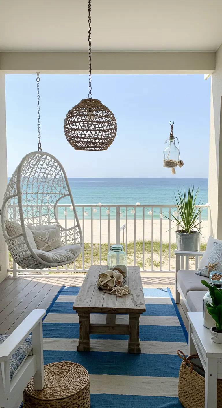 Balcon marin avec fauteuil suspendu, tapis rayé bleu et blanc, table basse et vue mer.