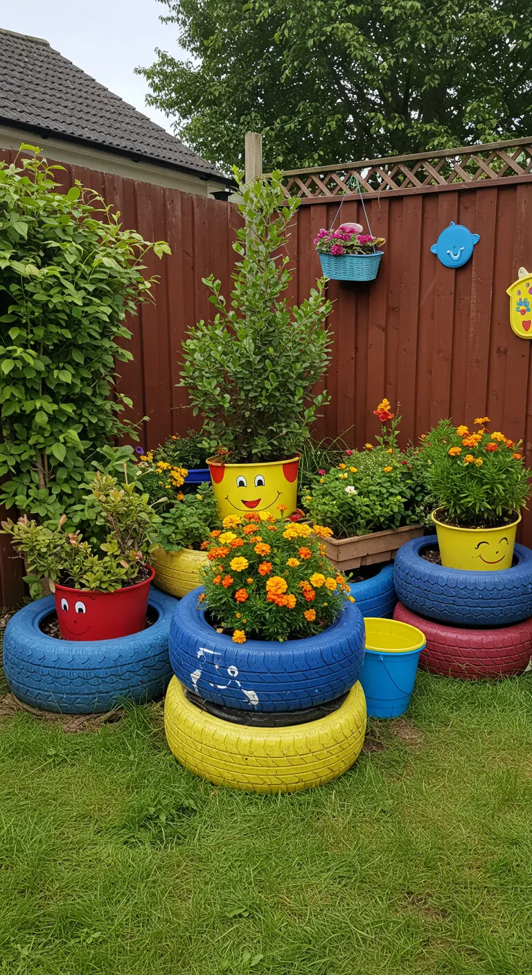 Pneus de voiture peints en rouge, bleu et jaune avec des visages souriants, servant de pots pour des fleurs colorées dans un jardin.