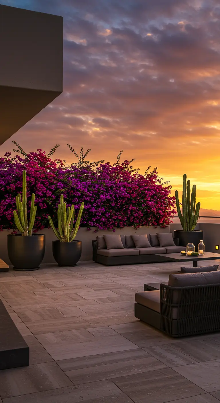 Grande terrasse moderne au coucher du soleil avec canapé, bougainvillier, cactus géants et lumière.