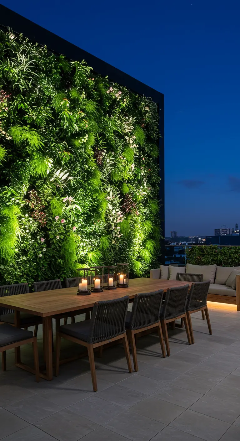 Grande terrasse avec un impressionnant mur végétal éclairé la nuit, mobilier de jardin.
