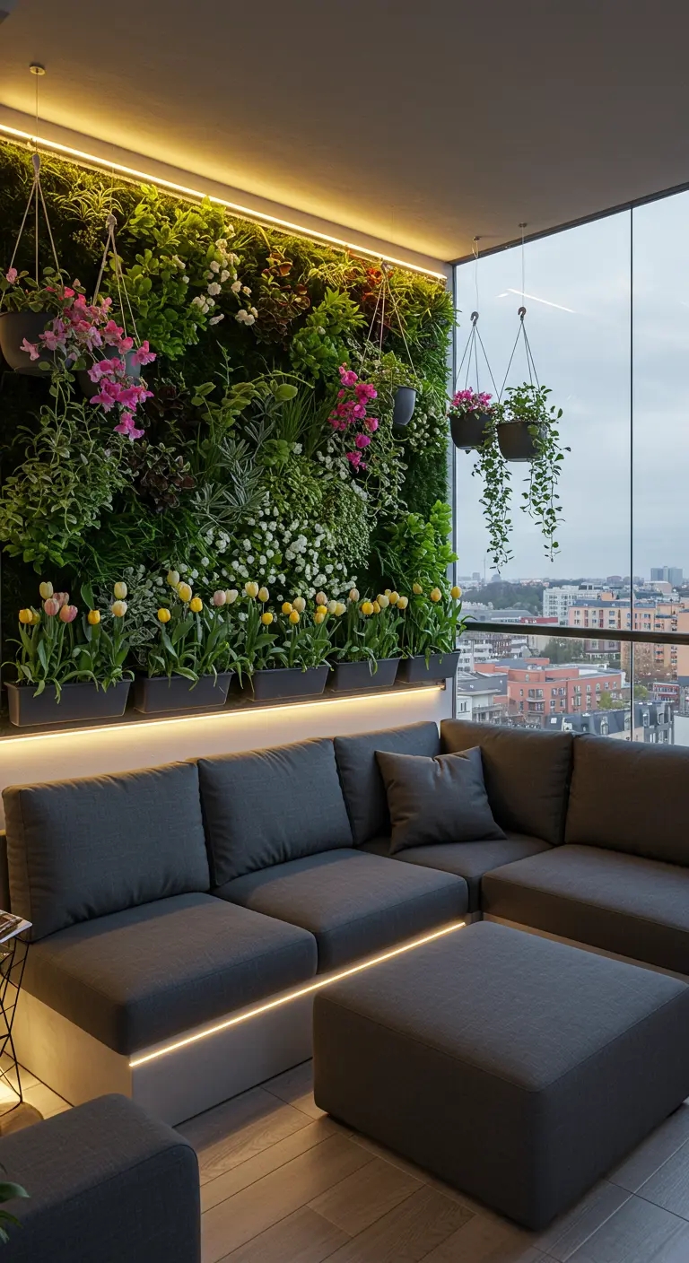 Grand balcon d'appartement avec mur végétal éclairé, suspensions florales et canapé moderne.