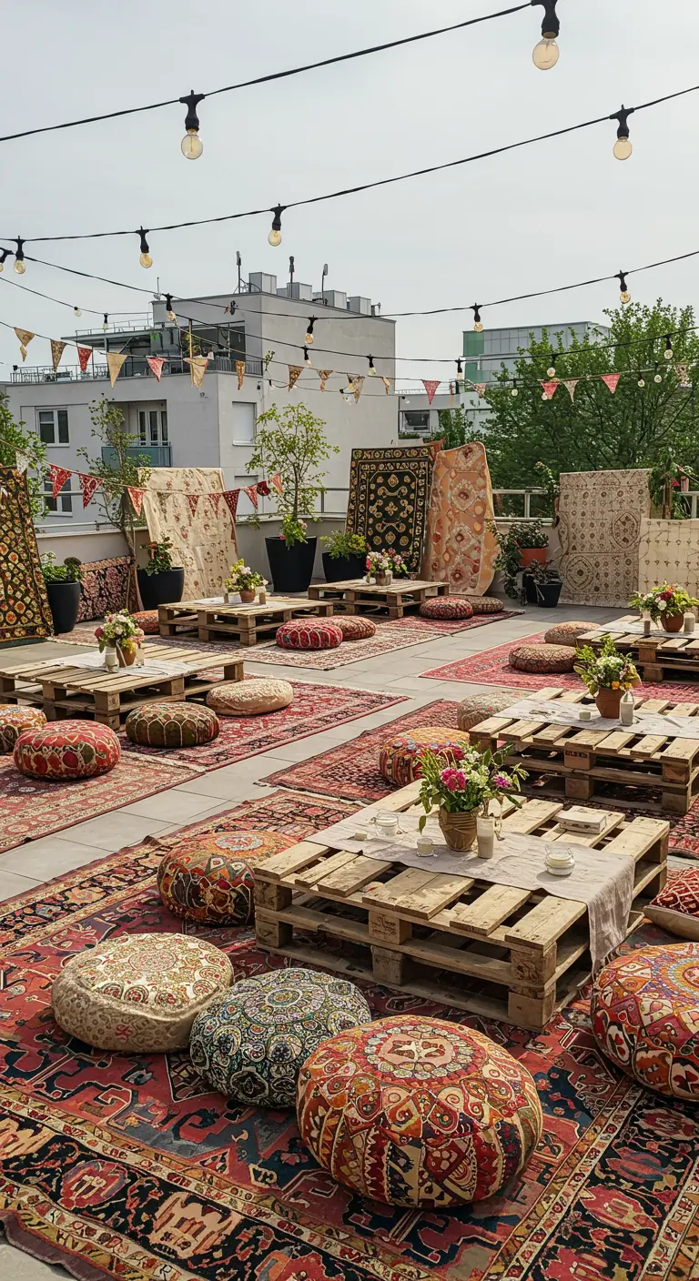Toit-terrasse avec multiples tapis, palettes, coussins de sol et guirlandes lumineuses.