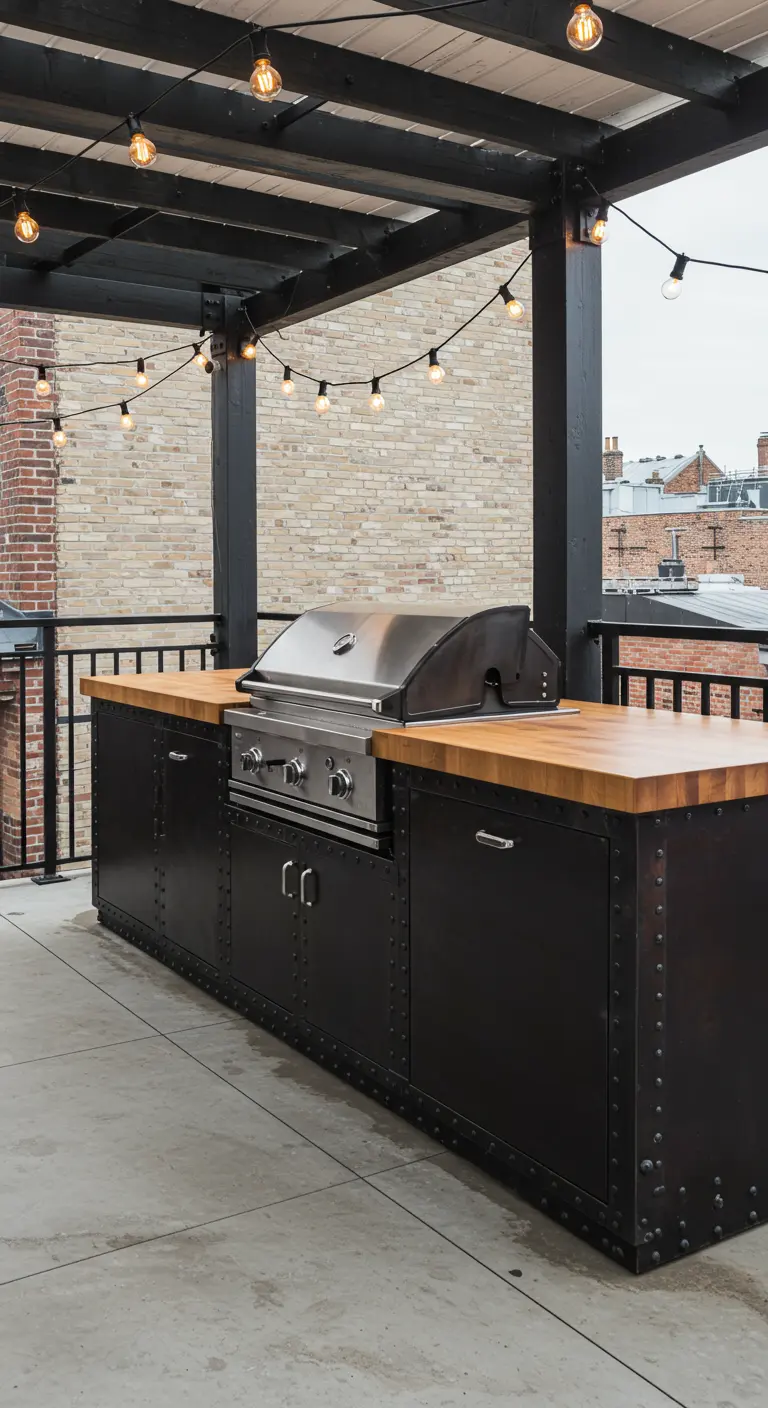 Cuisine extérieure industrielle sur toit-terrasse avec barbecue, comptoir en bois et éclairage vintage.