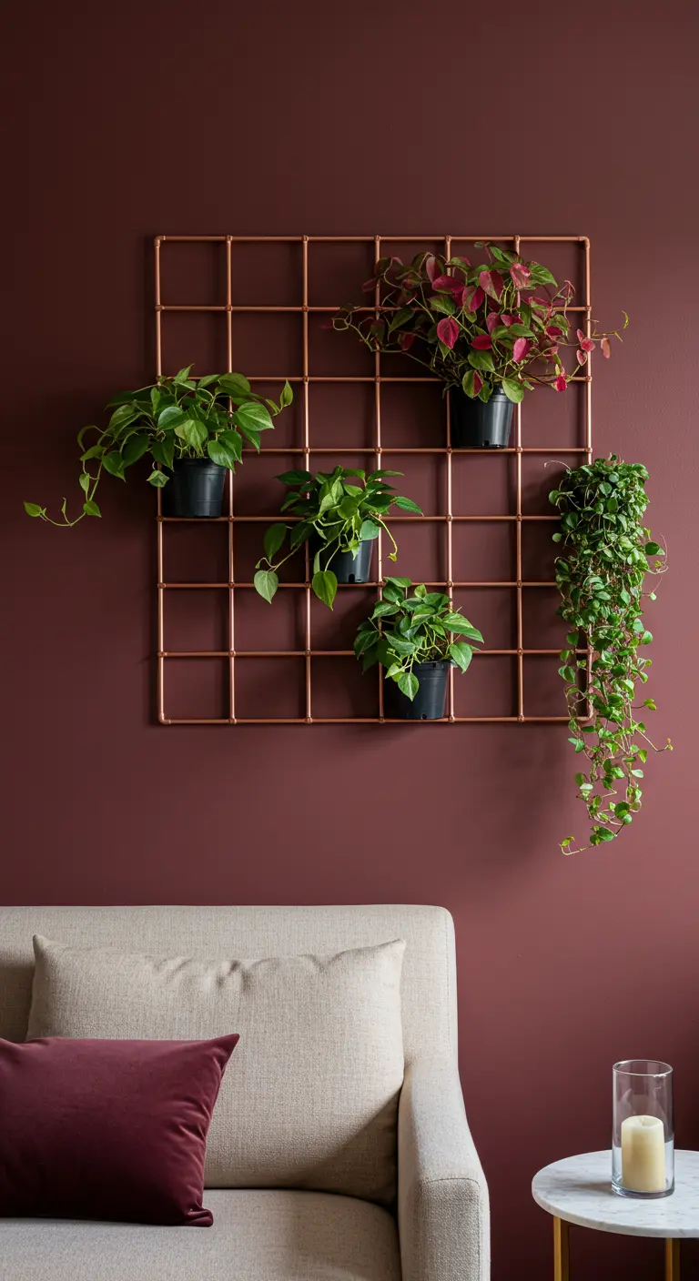 Treillis en tuyaux de cuivre avec pots de plantes vertes sur un mur bordeaux riche.