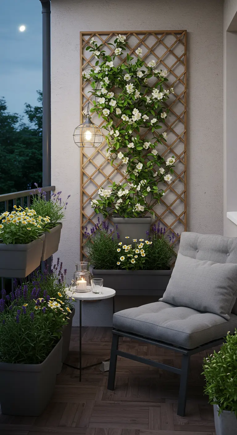 Balcon serein avec grand treillis en bois et jasmin grimpant, pots de lavande.