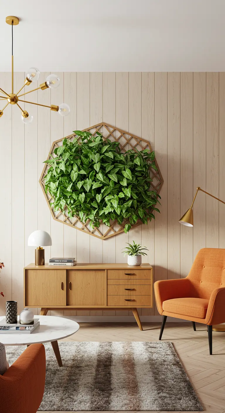 Treillis octogonal en bois avec une plante verte centrale sur un mur lambrissé clair, ambiance scandinave.