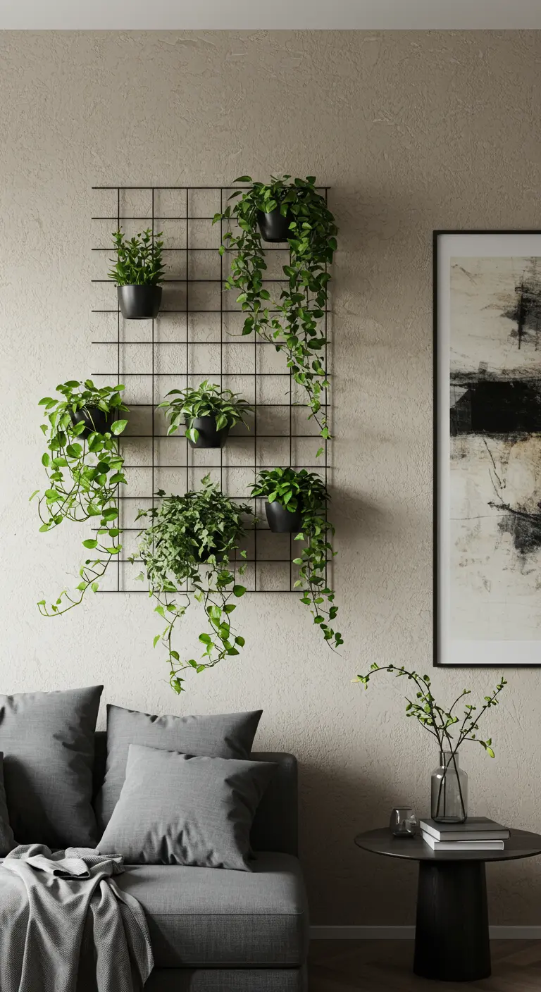 Petit treillis métallique noir avec des pots suspendus de plantes vertes retombantes au-dessus d'un canapé.