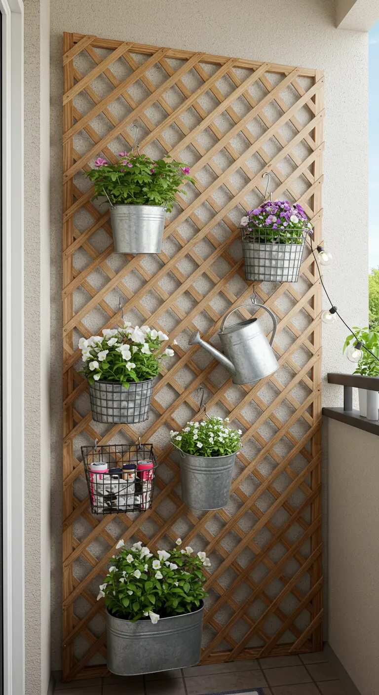 Balcon avec un grand treillis en bois, des seaux métalliques suspendus contenant des plantes et du rangement.
