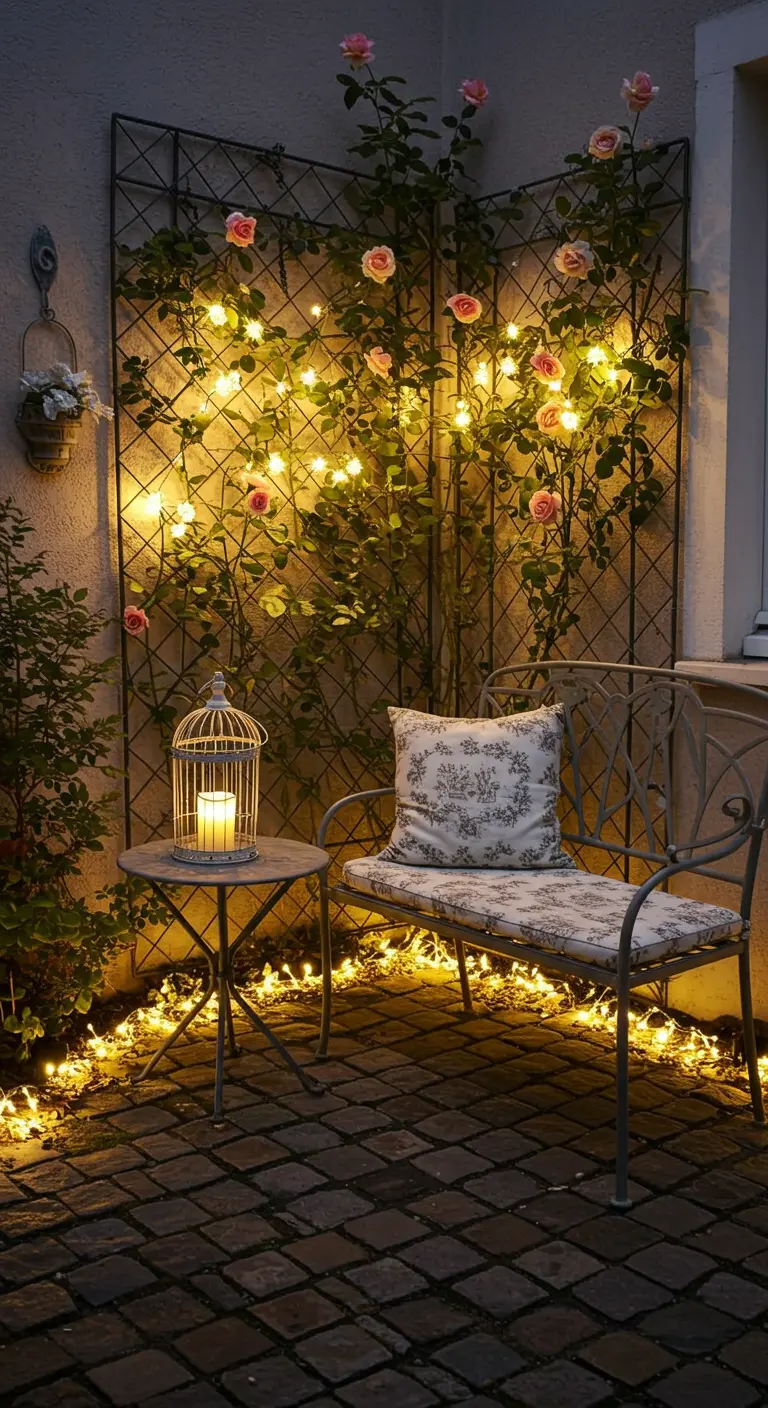 Coin jardin romantique avec treillis fleuri de roses illuminées et lumières au sol.
