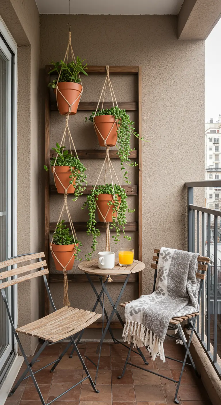 Petit balcon avec un treillis en bois et des pots en terre cuite suspendus, un ensemble bistro miniature.