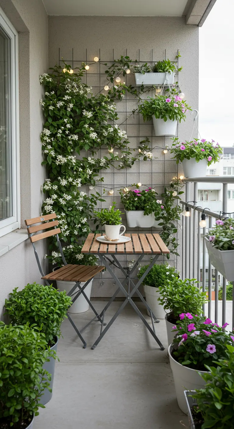 Balcon avec treillis végétalisé de jasmin, pots blancs et ensemble bistro.