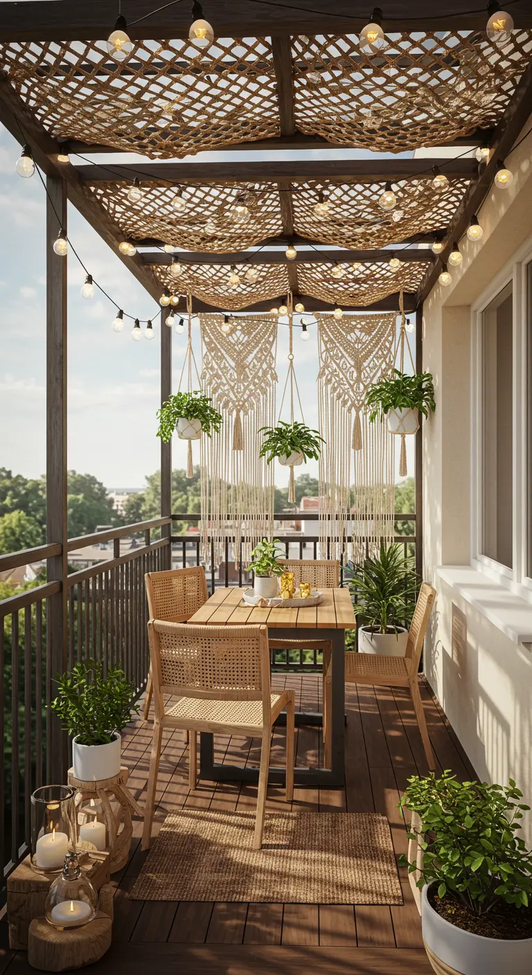 Terrasse avec pergola ombragée par un tressage en bambou, table à manger et plantes suspendues.