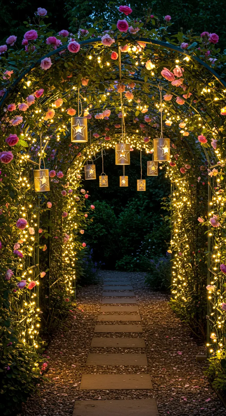 Arche de roses couverte de guirlandes lumineuses et de lanternes étoiles suspendues, chemin.