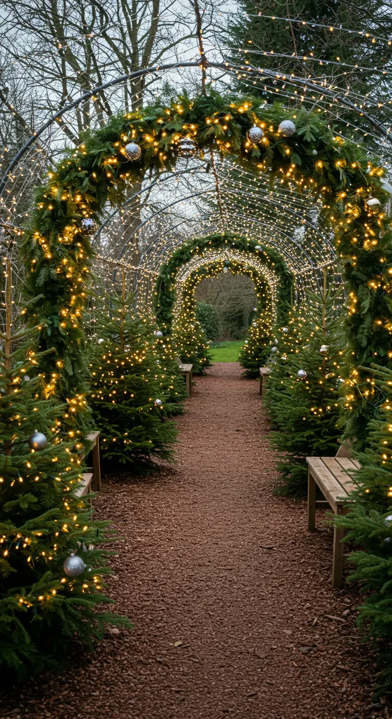 Tunnel de jardin illuminé avec arches couvertes de lumières et de sapin, petits arbres et bancs.