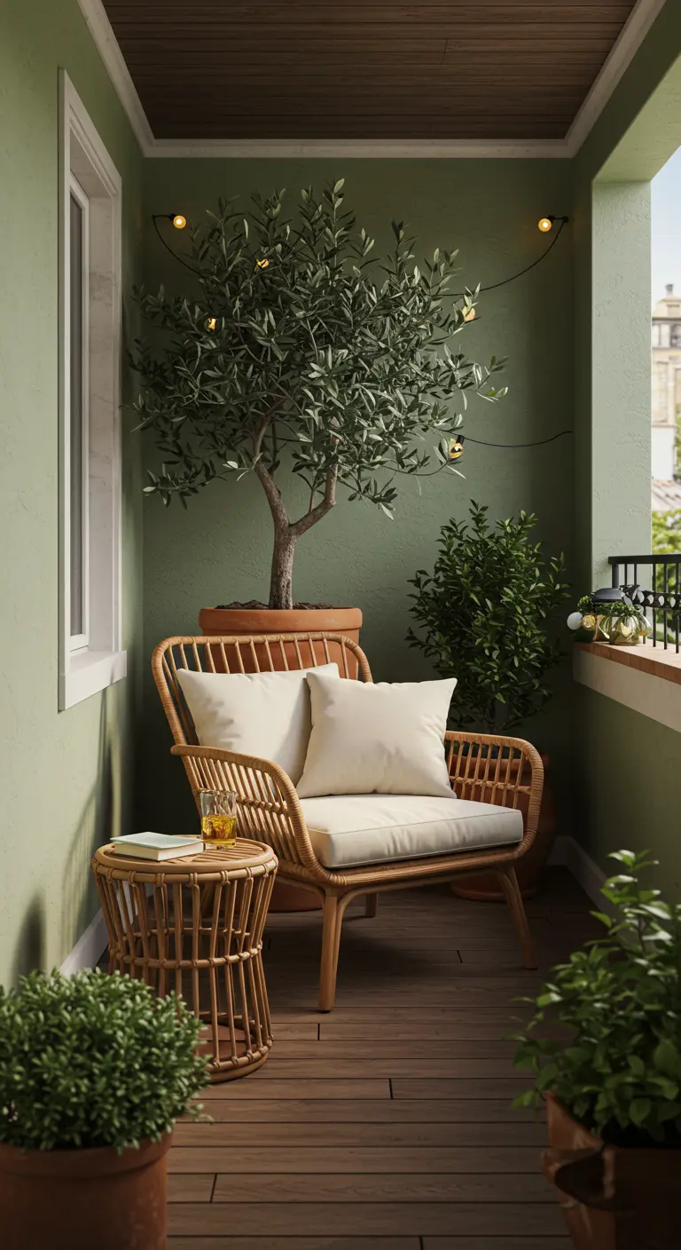 Balcon vert apaisant avec fauteuil en rotin, olivier en pot et petites plantes.