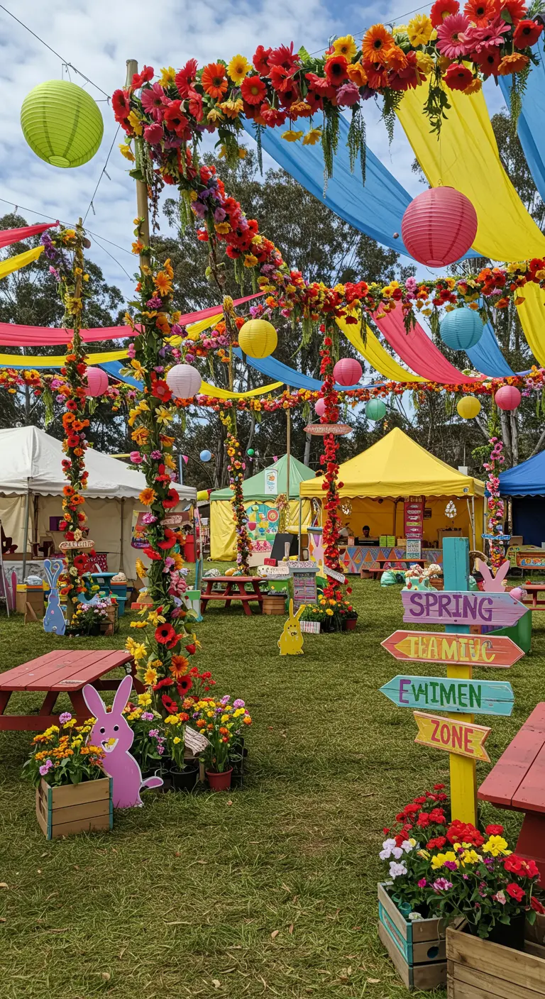 Fête foraine de Pâques avec allées décorées de guirlandes de fleurs vives, lampions et tissus colorés.