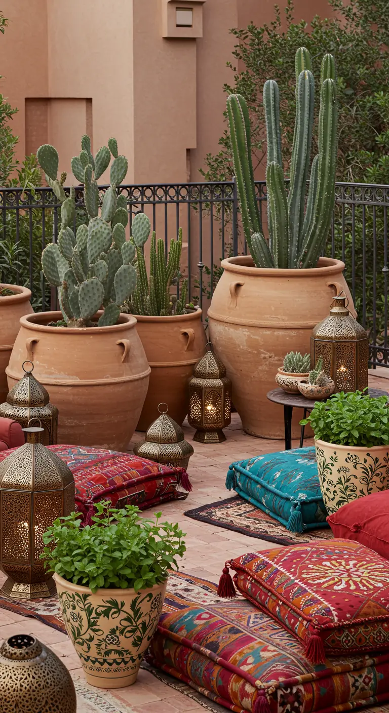 Patio style marocain avec grands pots en terre cuite, cactus, lanternes et coussins de sol.