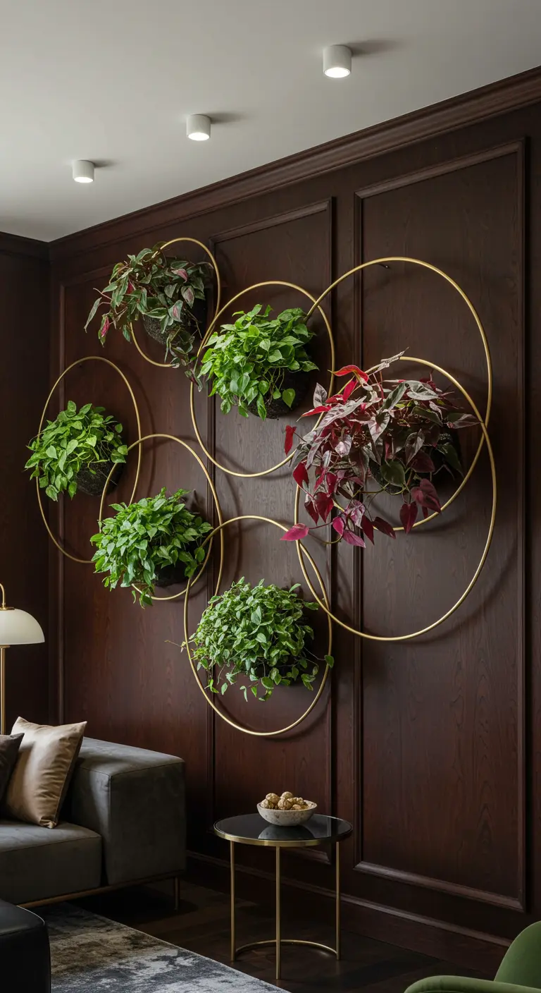 Anneaux dorés entrelacés fixés sur un mur en bois foncé, avec des pots de plantes vertes luxuriantes.