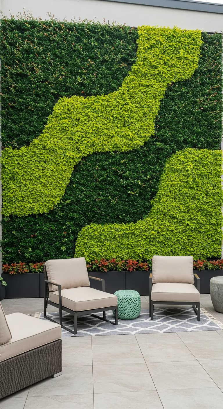 Grand mur végétal extérieur avec des bandes ondulantes de plantes vert clair sur fond vert foncé.