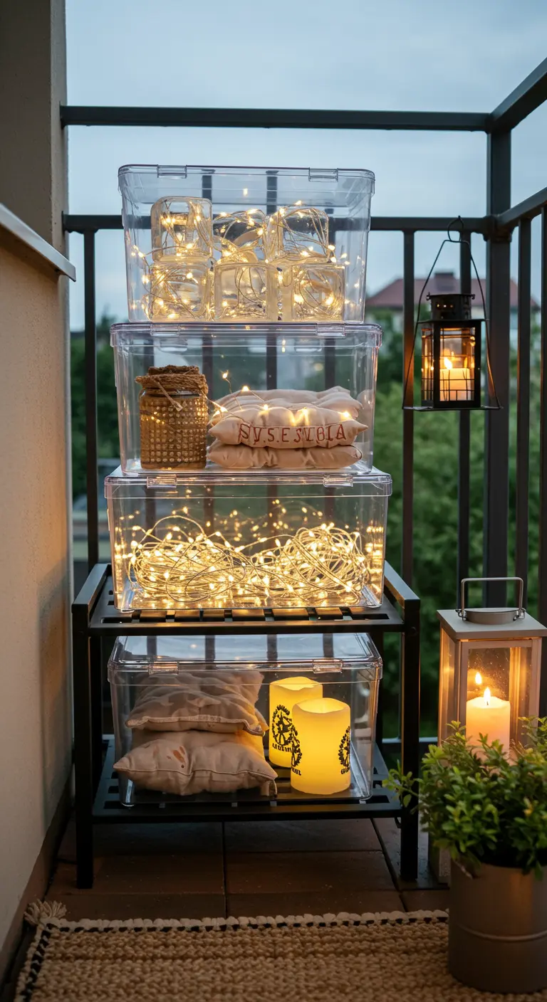 Balcon au crépuscule avec des boîtes de rangement transparentes empilées remplies de guirlandes lumineuses.