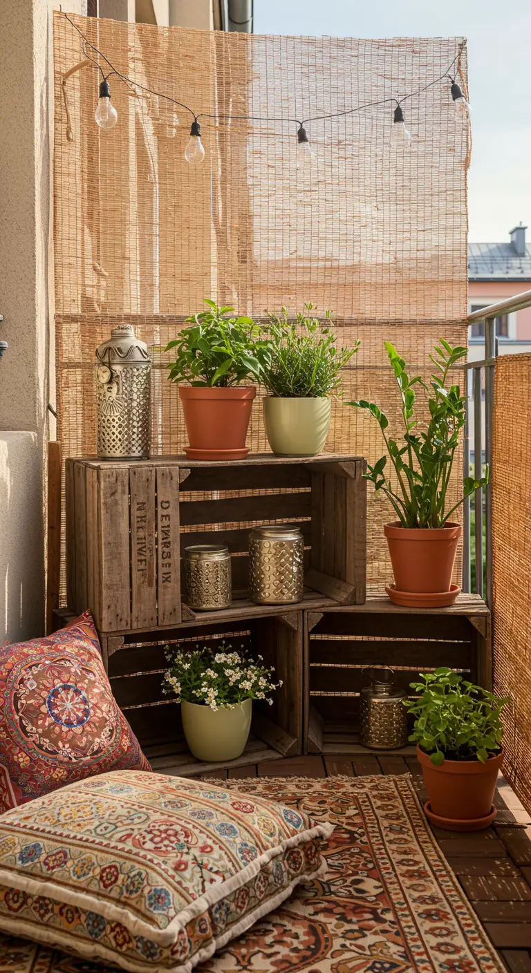 Balcon décoré avec des caisses en bois empilées, des plantes, un grand coussin et un tapis.