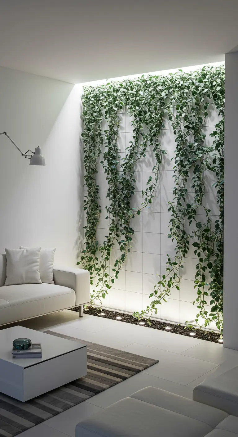 Mur blanc avec des plantes vertes retombantes éclairées par des spots au sol, ambiance moderne.