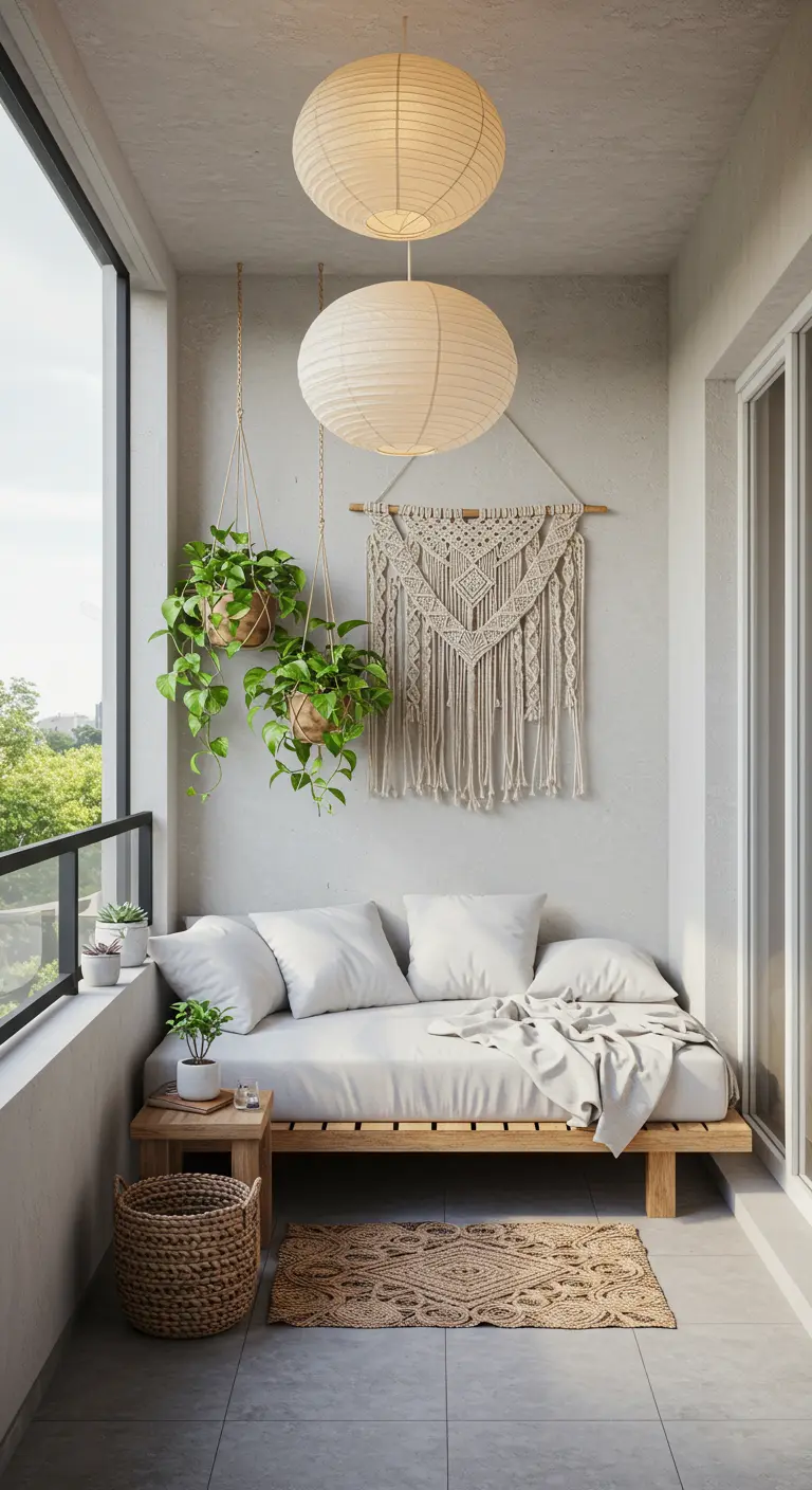 Balcon avec lampions en papier, lit de jour, macramé mural et plantes suspendues.