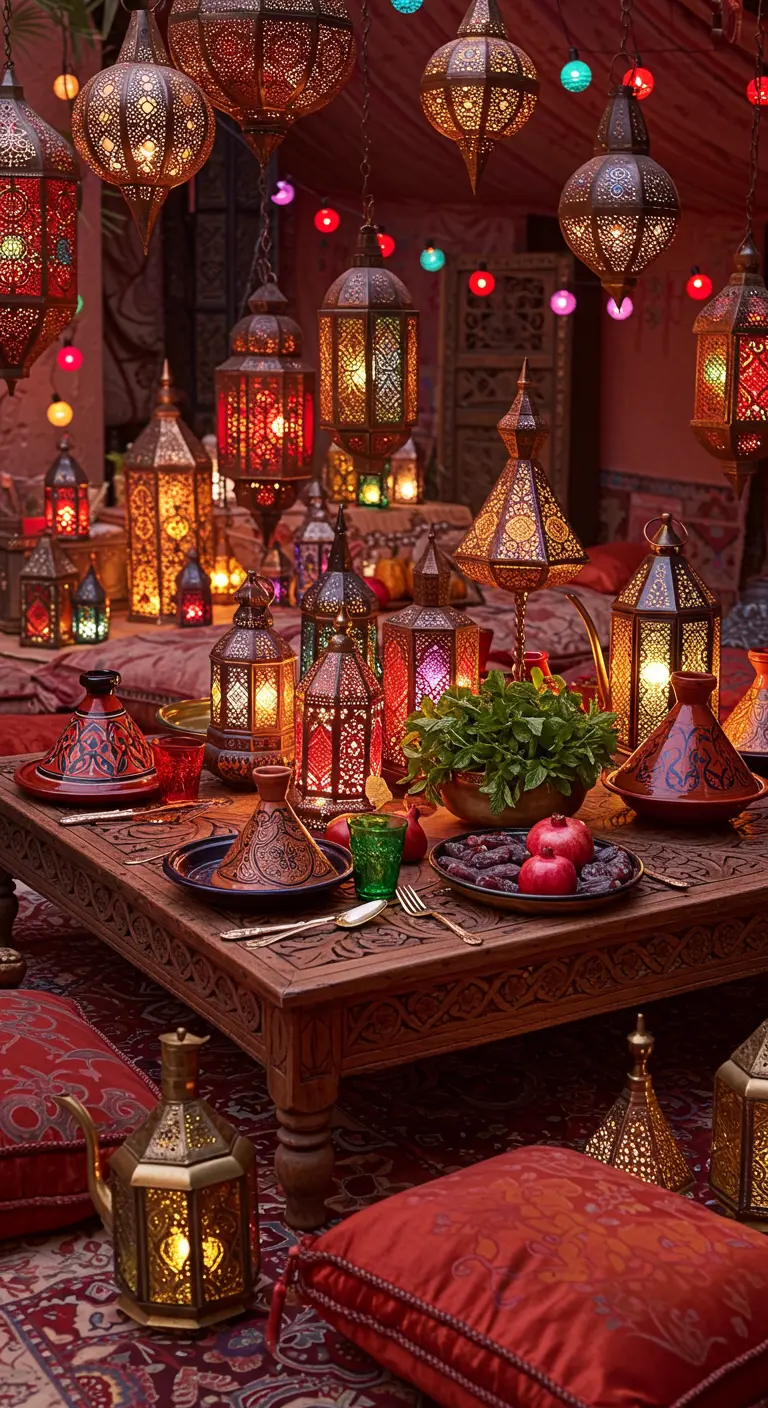 Dîner oriental avec une table basse, des coussins au sol et une profusion de lanternes marocaines colorées.