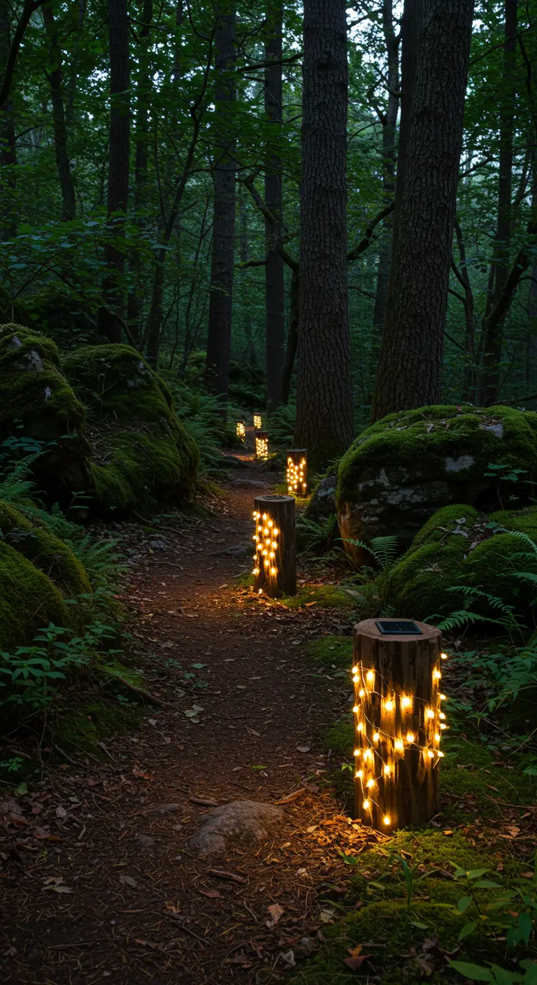 Sentier forestier éclairé par des troncs d'arbre enroulés de guirlandes LED solaires, ambiance mystérieuse.