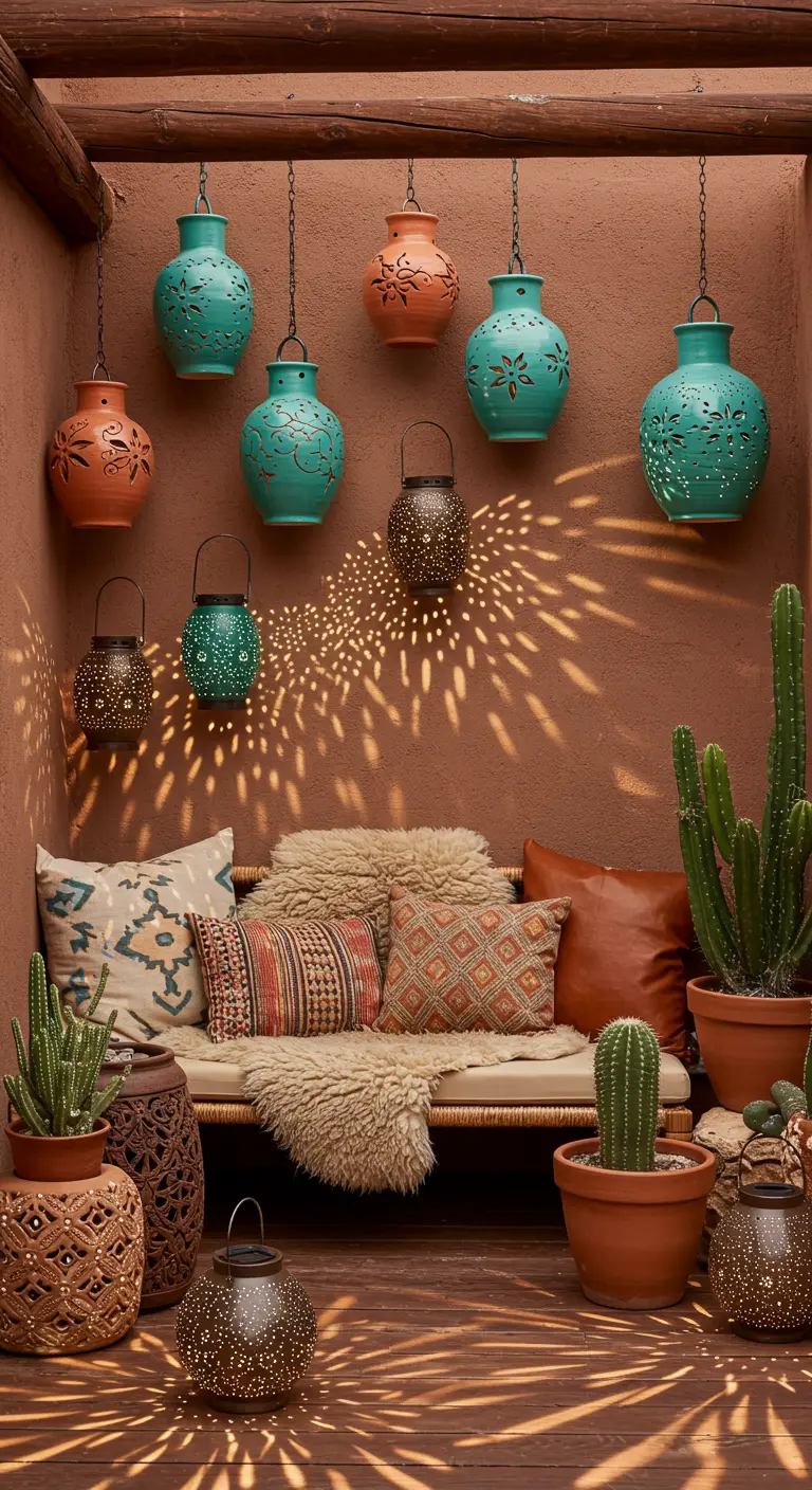 Mur extérieur décoré de lanternes murales ajourées projetant des motifs lumineux, avec banc et cactus.