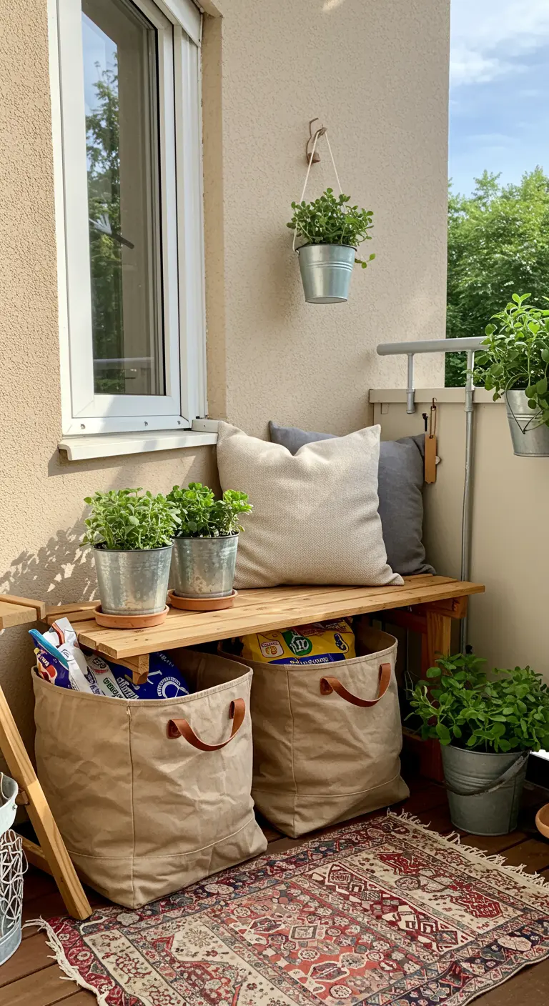 Balcon avec une banquette en bois, de grands sacs de rangement en toile et des coussins.